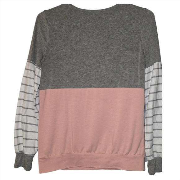 Ladies Striped Long Sleeve T-Shirt, Gray, White & Pink w/ Stripes - Picture 3 of 9